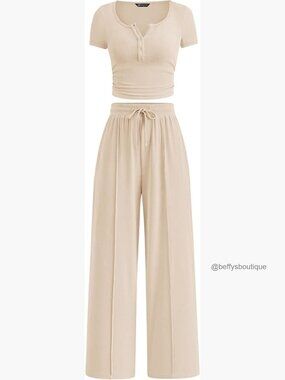 Ribbed Knit Lounge Set: Half-Button Top & Wide Leg Pants